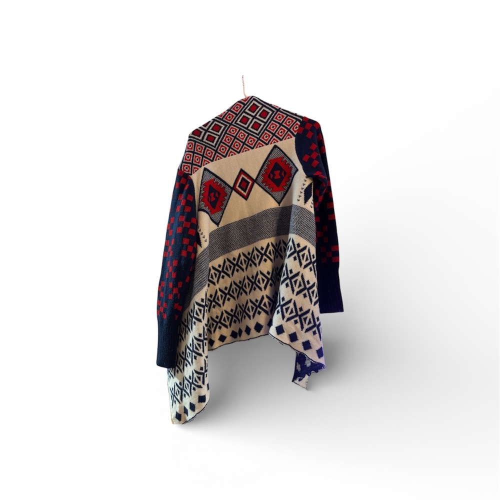 Double Zero Geometric Open Front Sweater - Red and Blue - Picture 3 of 5